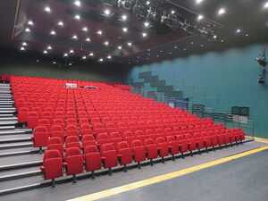 theaterzaal vol met lege rode stoelen, gezien van het podium